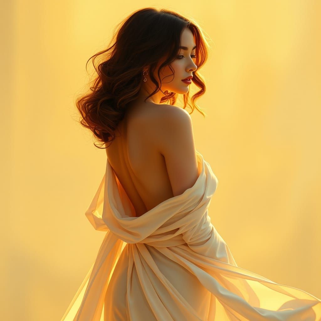 Woman in Elegant Art Nouveau-Inspired Gown Amidst Golden Lig...