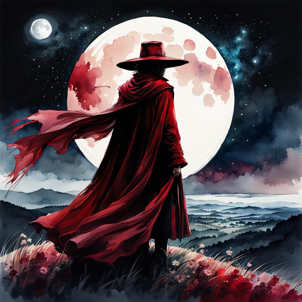 Red Cloaked Figure Under Galaxy Moon, Watercolor Art