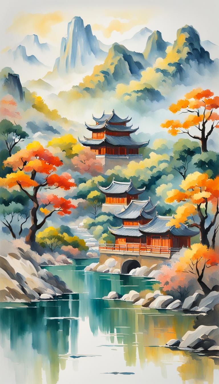 Gouache Style Chinese Landscape Painting