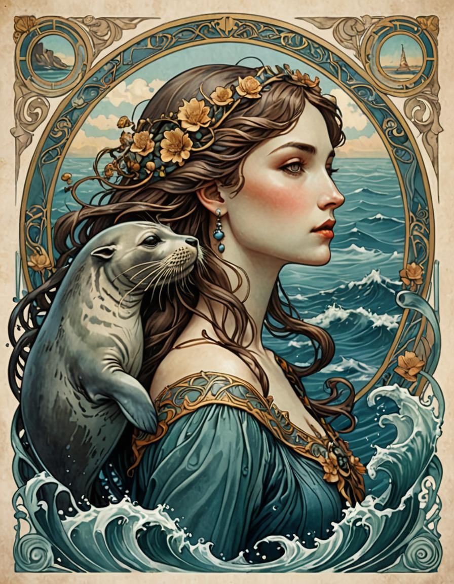 Art Nouveau Woman with Seal in Ocean Setting