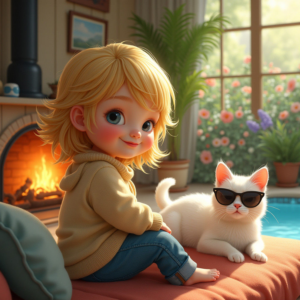 Girl and Dog by Fireplace, Hockney-Inspired Cat