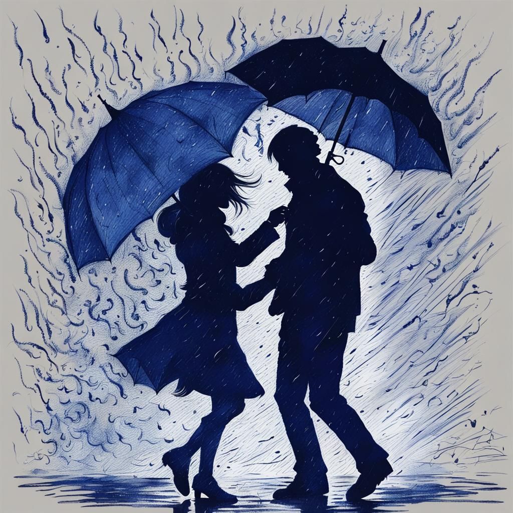 Romantic Silhouette of Lovers Dancing in the Rain