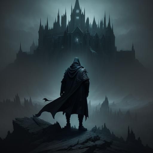 Mystical Figure Overlooks Twilight Realm as Matte Painting