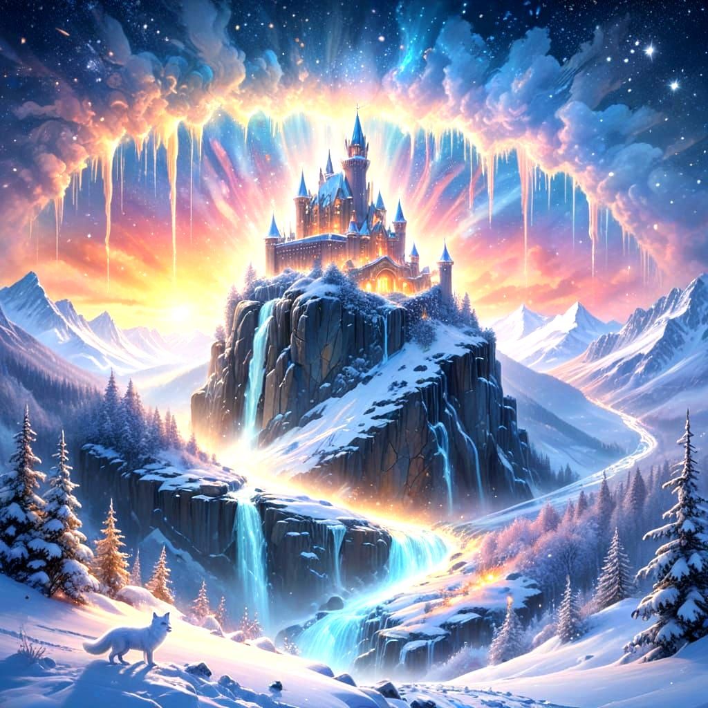Epic Fantasy Castle Amidst Iridescent Labradorite Cliffside