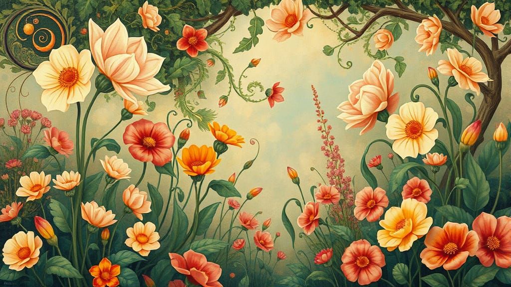 Art Nouveau Garden Illustration in Alphonse Mucha Style