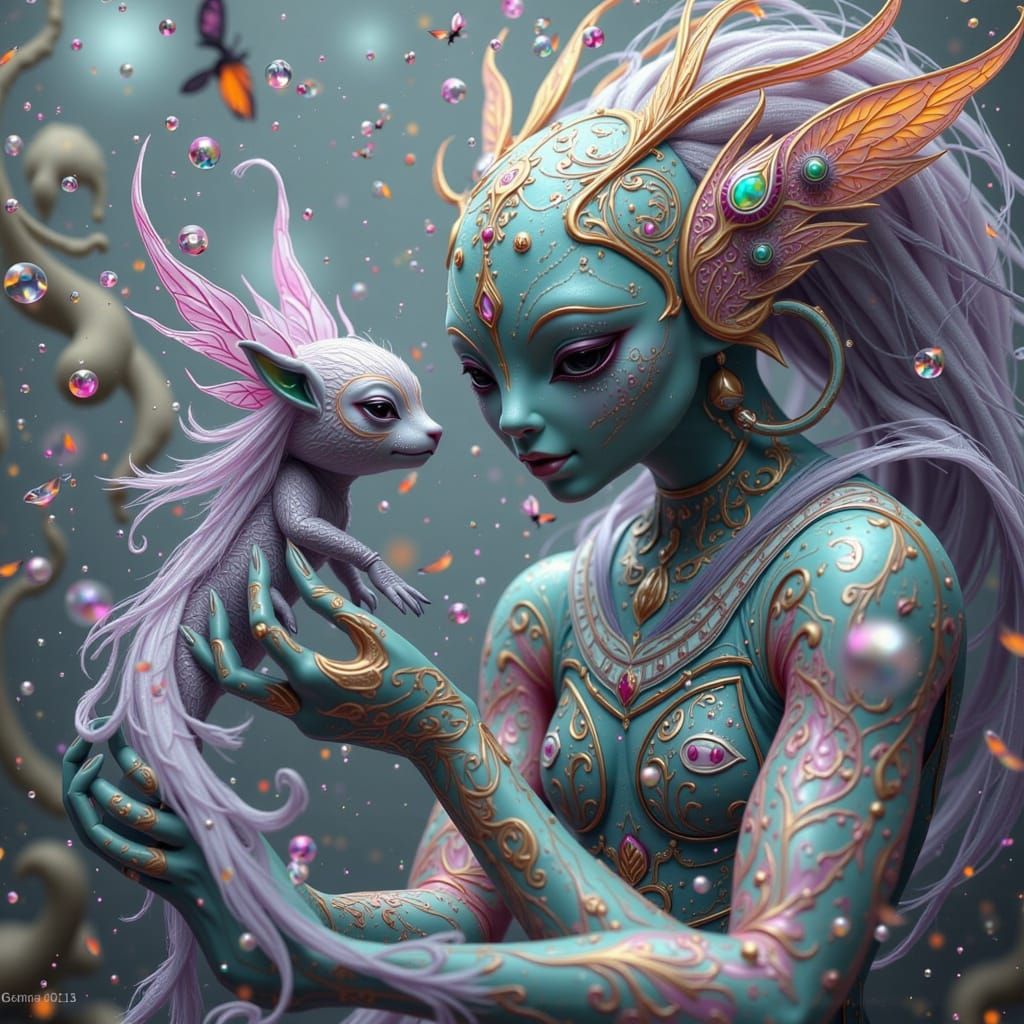 Alien with Cat Touching Feline in Dreamy Sci-Fi Style