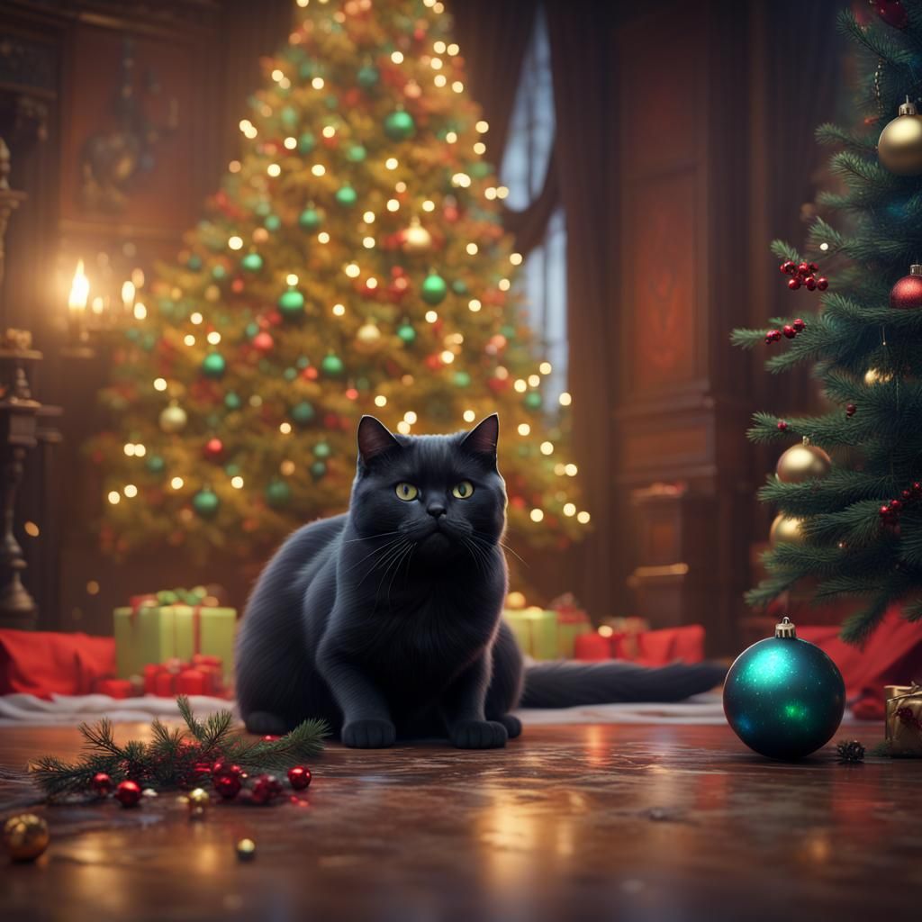 Black Cat Mischief: Christmas Tree Tumble