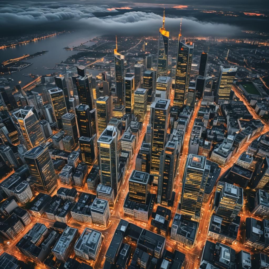 Frankfurt Financial District at Dusk: Hyperrealism Photograp...