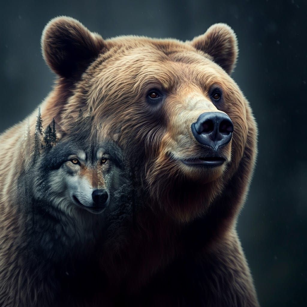 Bear and Wolf Double Exposure in HDR