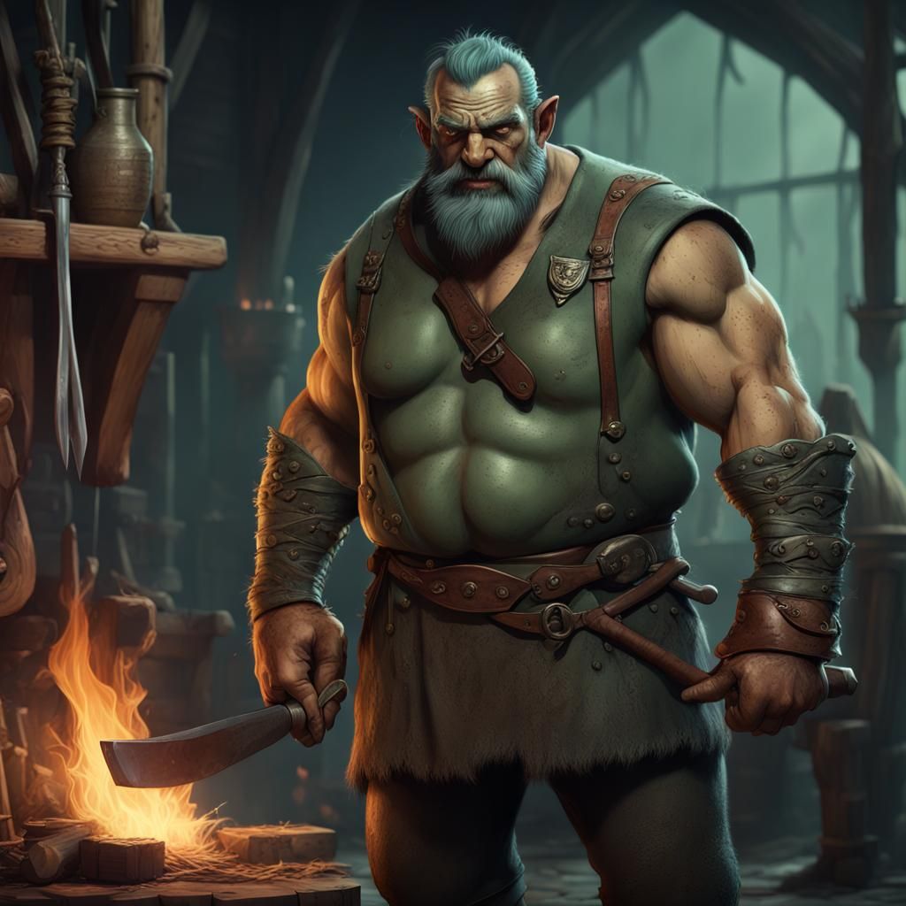 Half-Orc Blacksmith in Detailed Fantasy Art