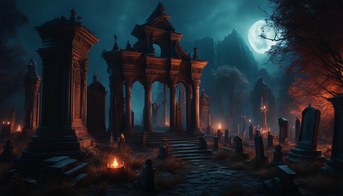 Dark Ancient Cemetery: Detailed Matte Painting