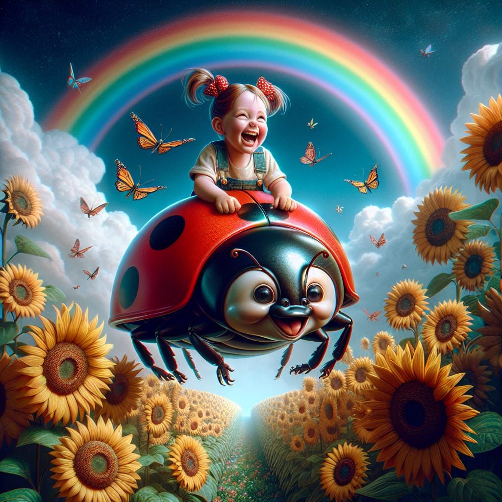 Girl Rides Ladybug Under Rainbow: Children's Storybook Art