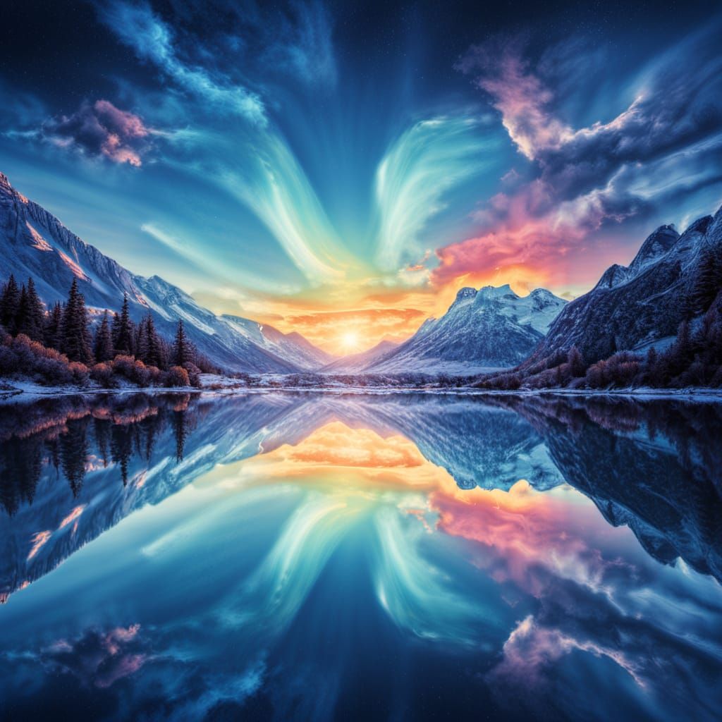 Cosmic Lake Reflecting Aurora in Surreal Style