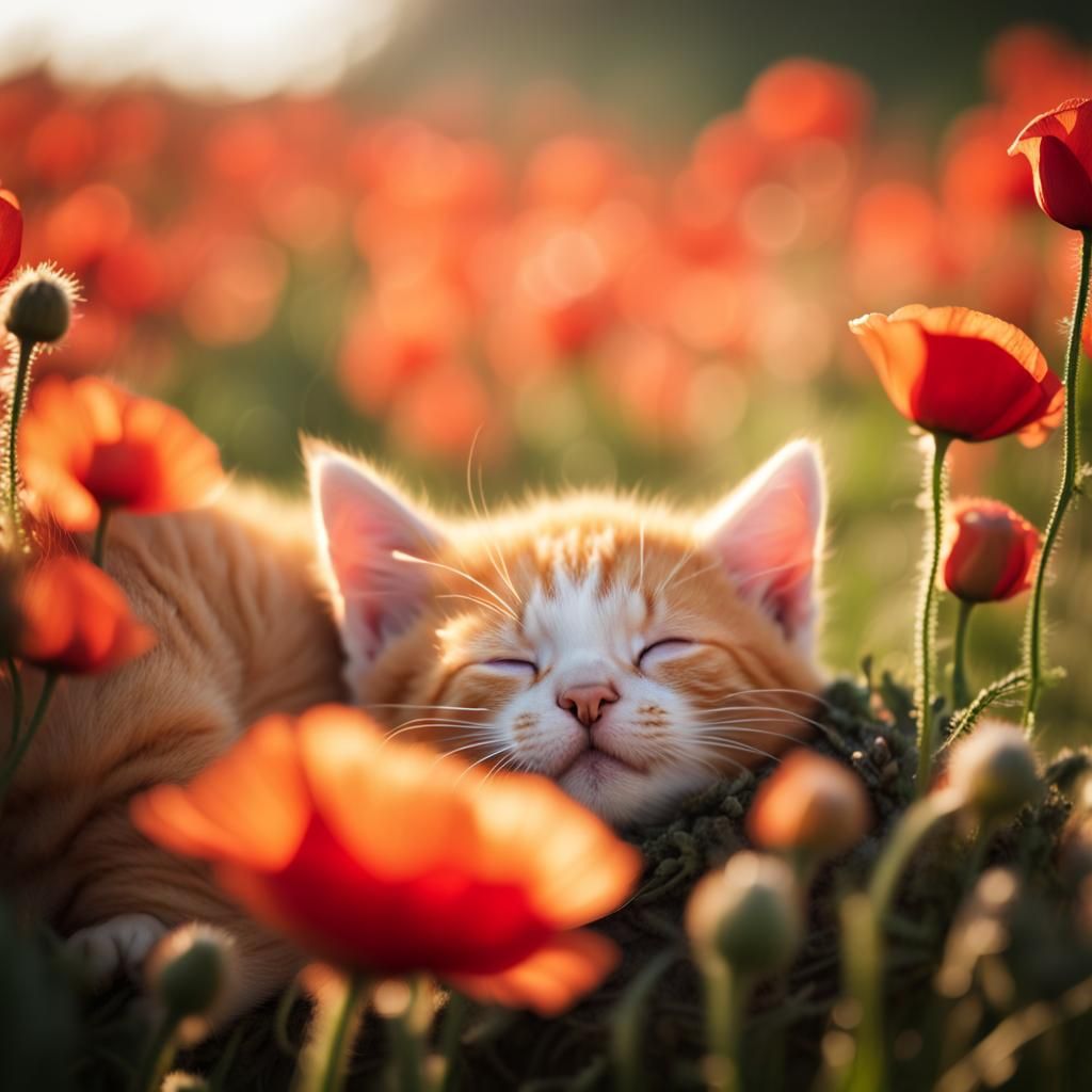 Ginger Kitten Sleeping in Poppy Field