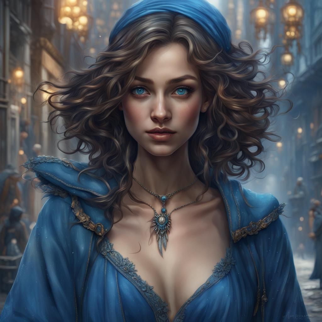 Blue-Haired Girl in Crowded City, Detailed Digital Painting