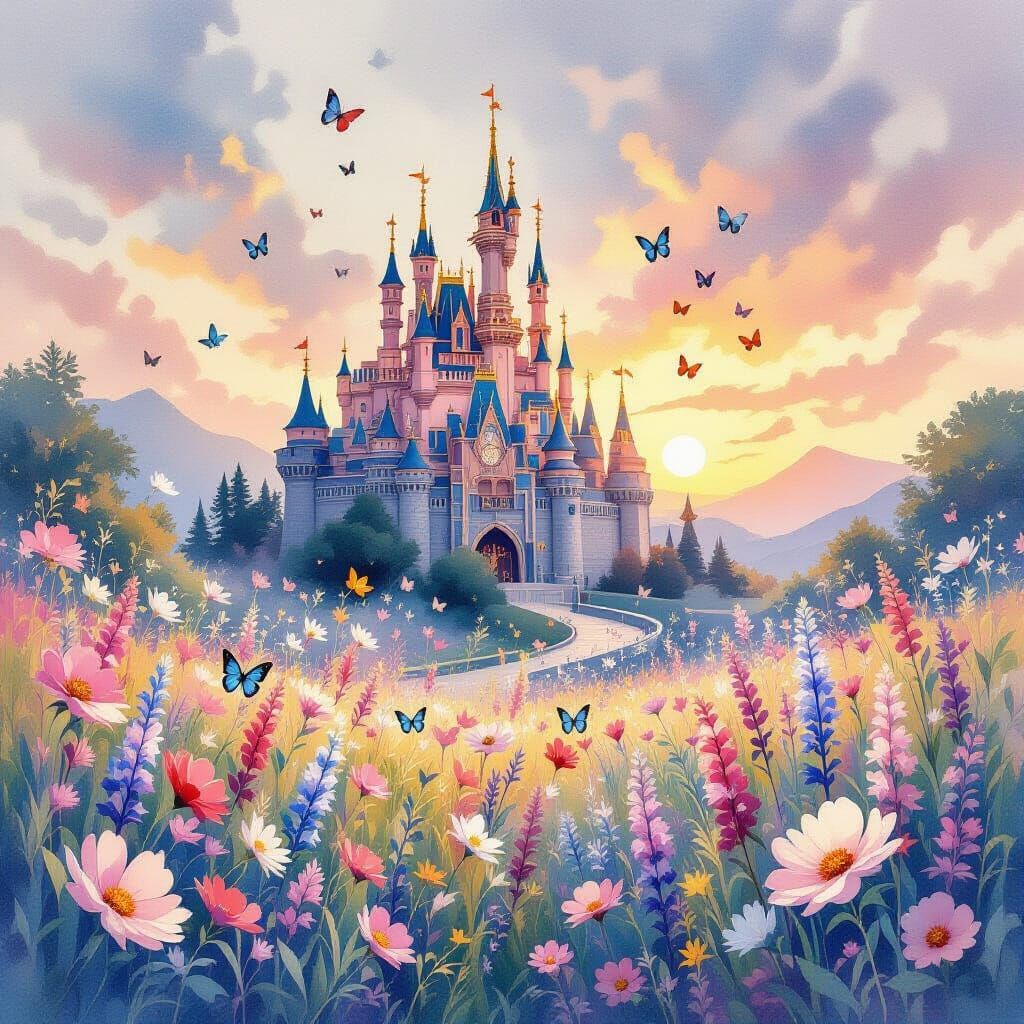 Cosmic Castle in Blossom: Digital Watercolor Illustration