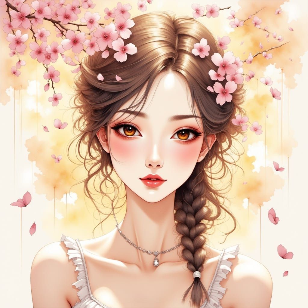 Anime Goddess in Cherry Blossom Petal Aura