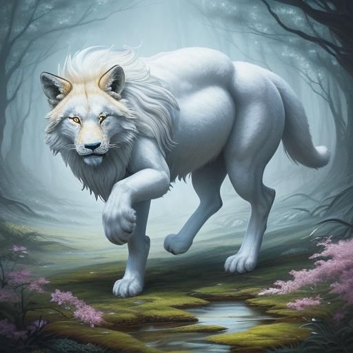 Enigmatic White Kitsune in Forest, Acrylic Painting