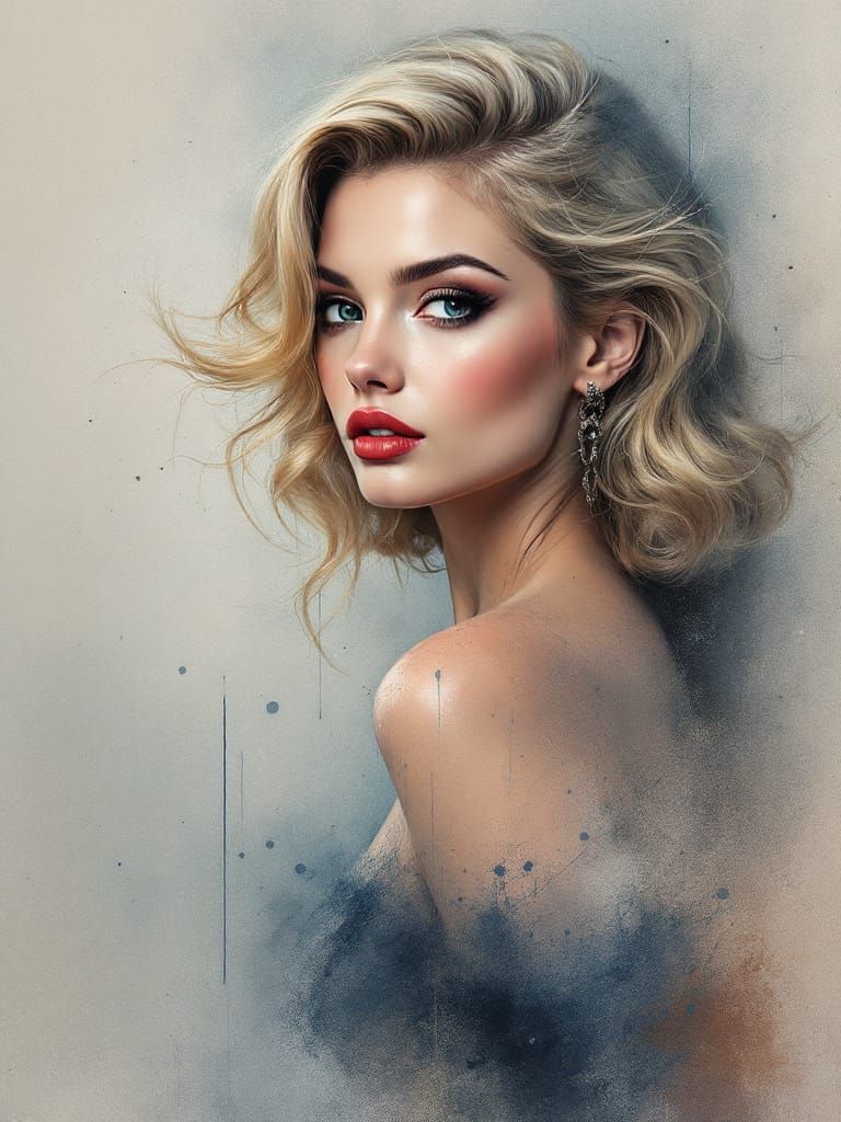 Crimson Lips Emerge from Gray: Pin-Up Art