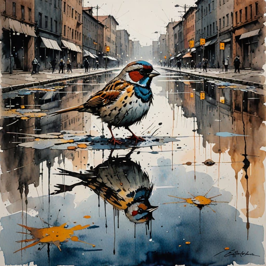 Sparrow in a puddle Ink and wet brush watercolor. by Eugen Chisnicean, Anselm Kiefer, Paul Klee, Mark Rothko and Carne G...