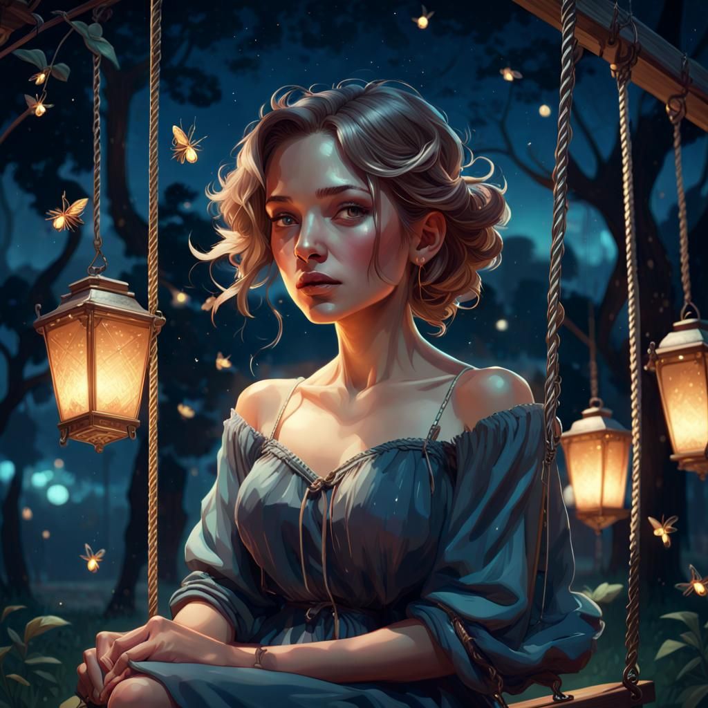 Woman on a Swing at Night with Lanterns