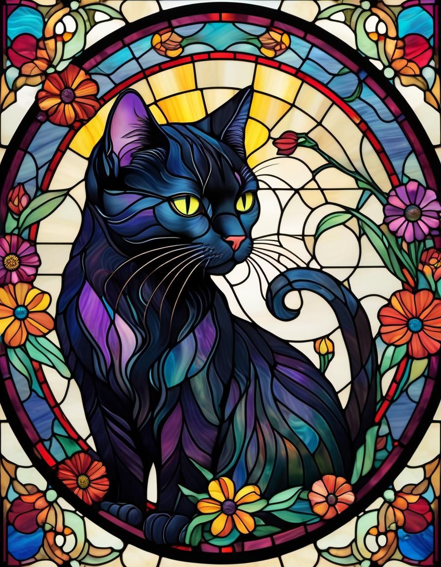 Black Cat in Stained Glass Art Nouveau Flowers