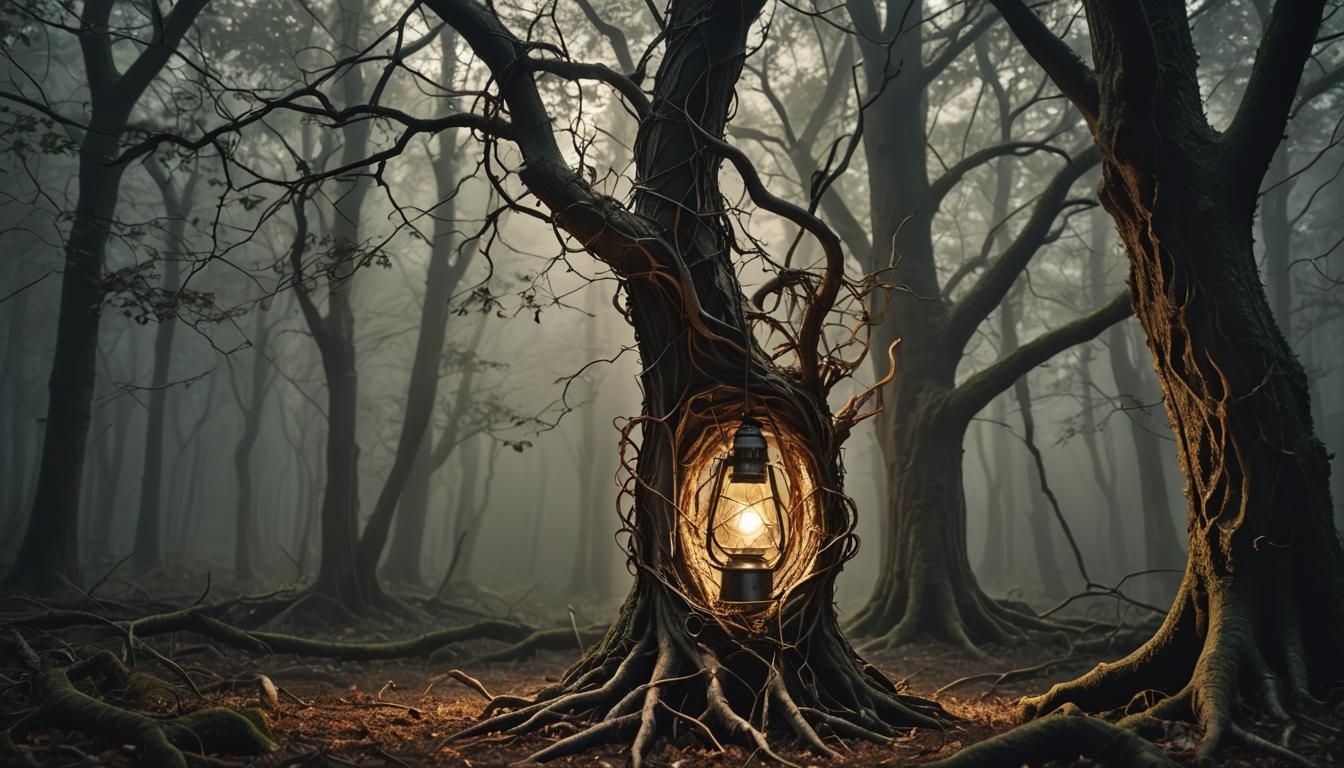 Tree Lamp in Misty Forest: Hyperrealistic Macro Photograph
