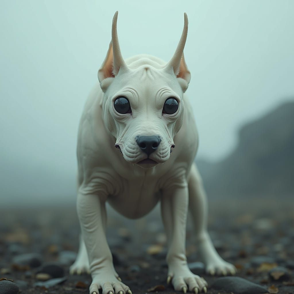 Gargantuan, Hairless, Albino Canine Alien in Hyper-Realistic...