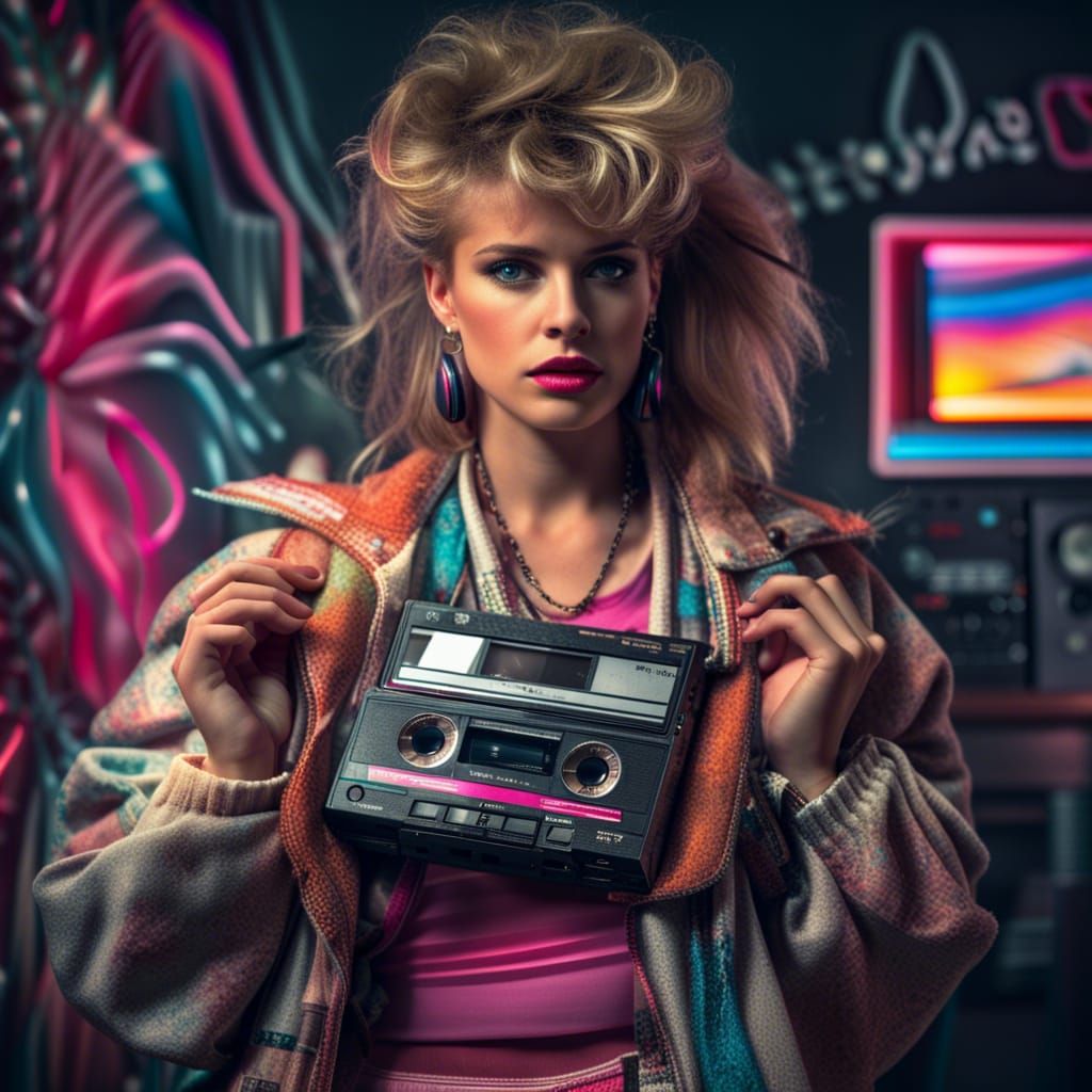 Hyperrealistic 80s Fashion with Walkman Player
