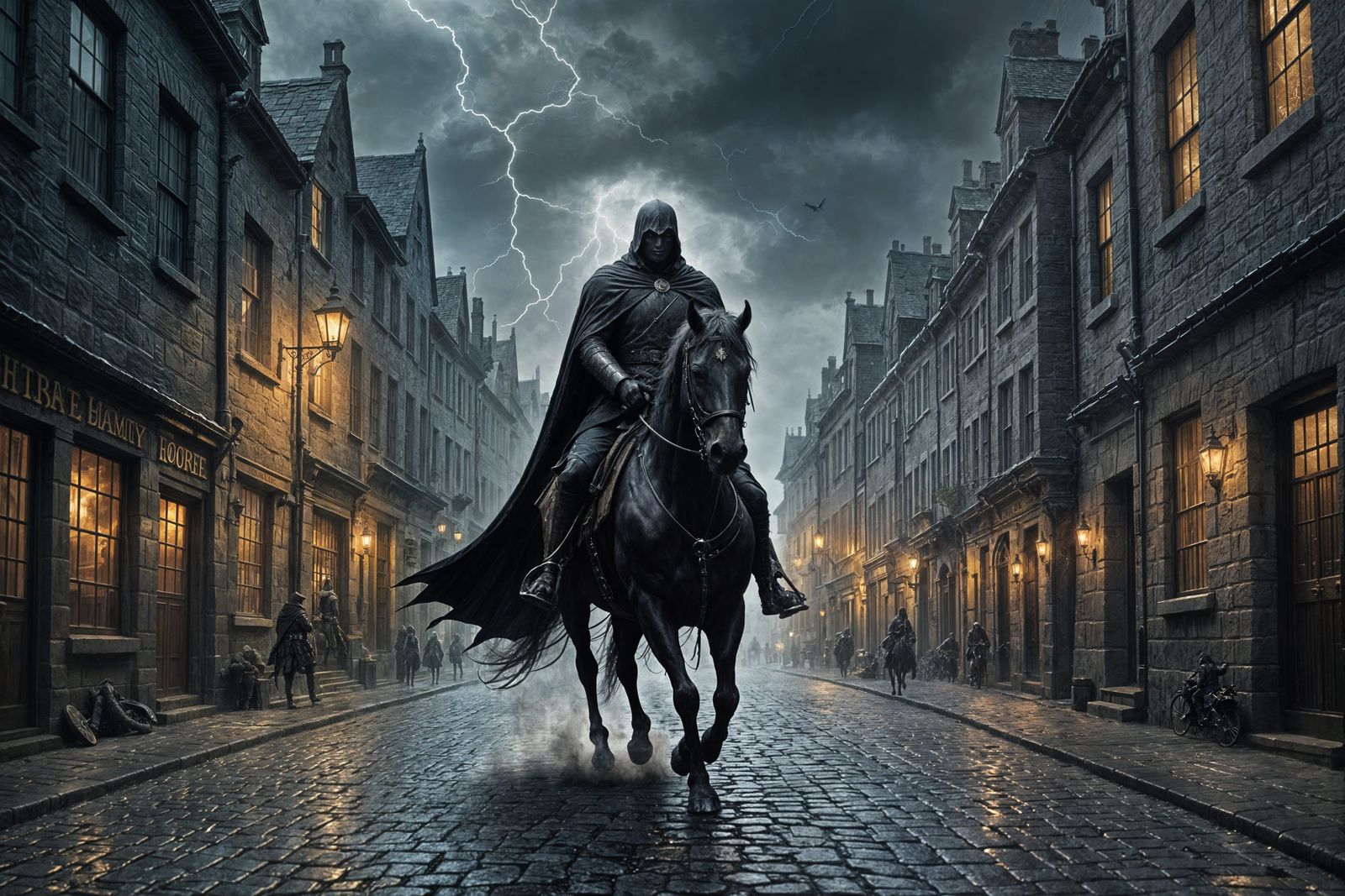 Headless Horseman Rides Through Stormy Medieval Street