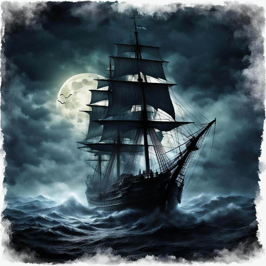 (ultra-detailed) scary flying dutchman ghost ship, (torn sai...
