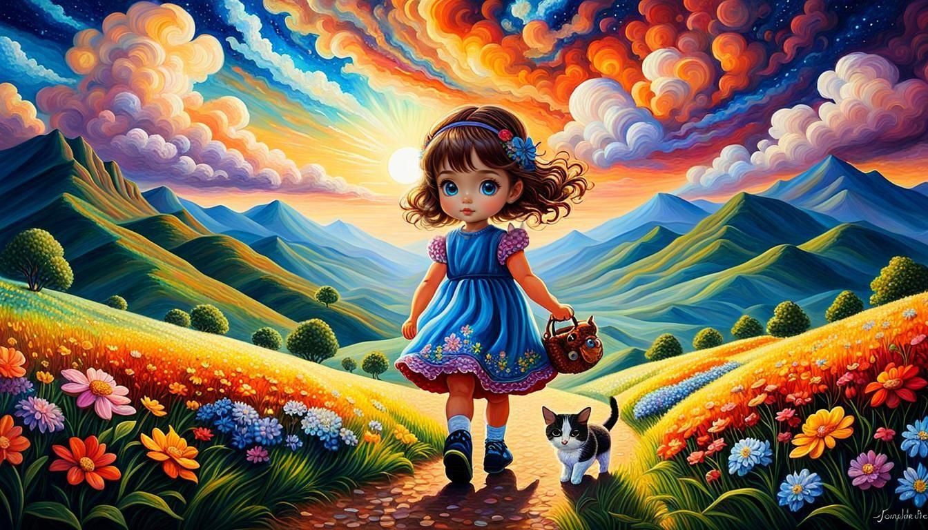 Chibi Girl and Pet in Sunny Landscape Oil Painting