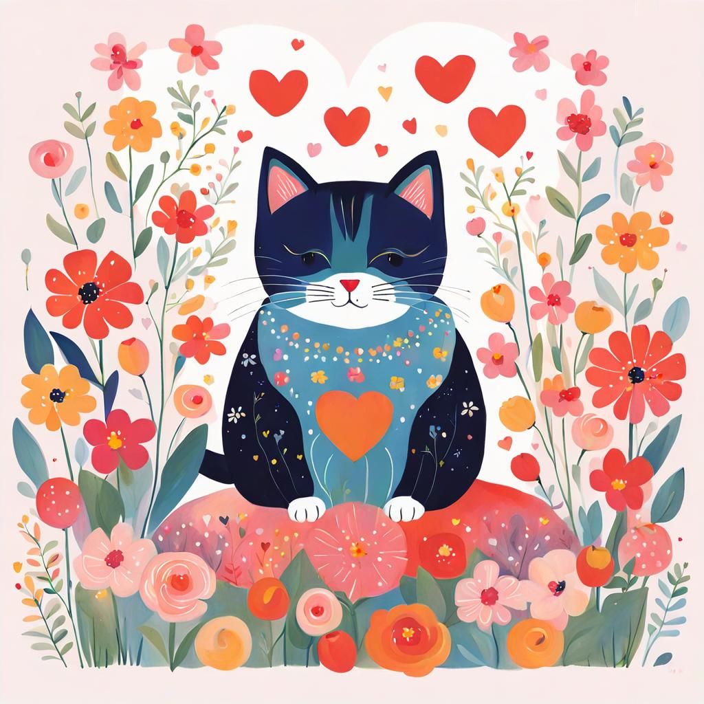 Cat Surrounded by Flowers in Surrealist Style