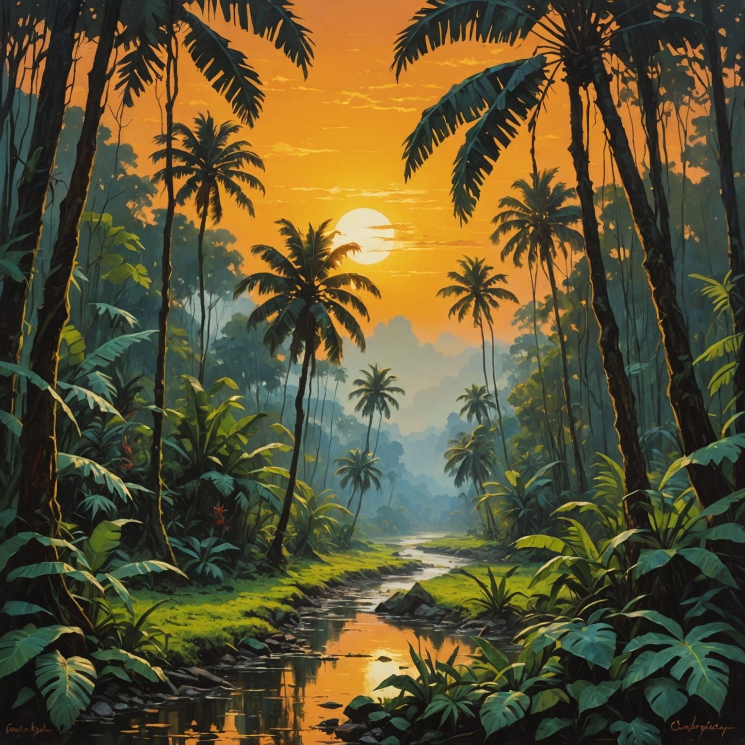Vibrant Jungle Landscape in Optimistic Oil Painting Style