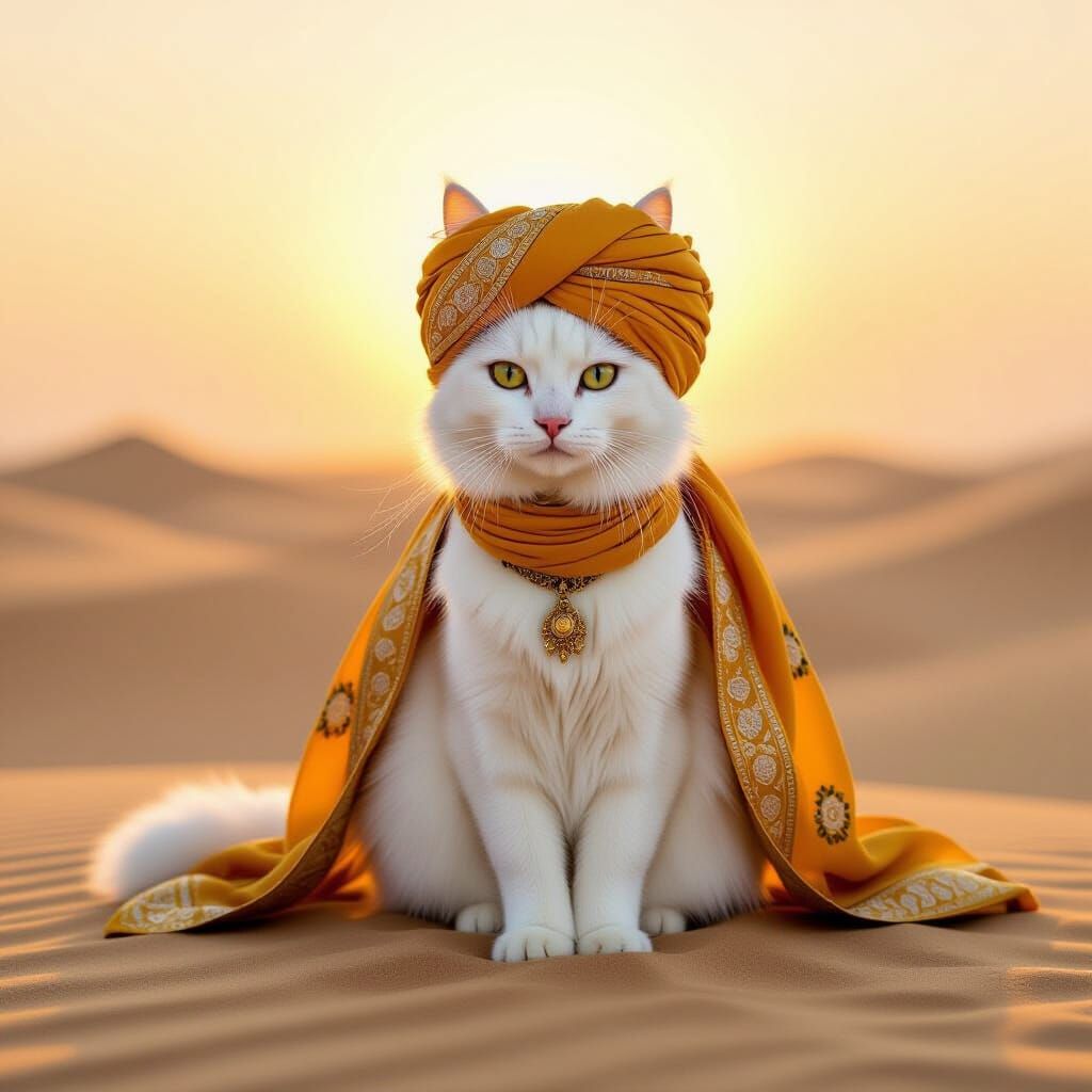 Mystic White Cat in Golden Sari Sunset