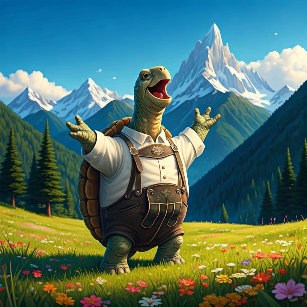 Joyful Turtle Sings in Alpine Meadow