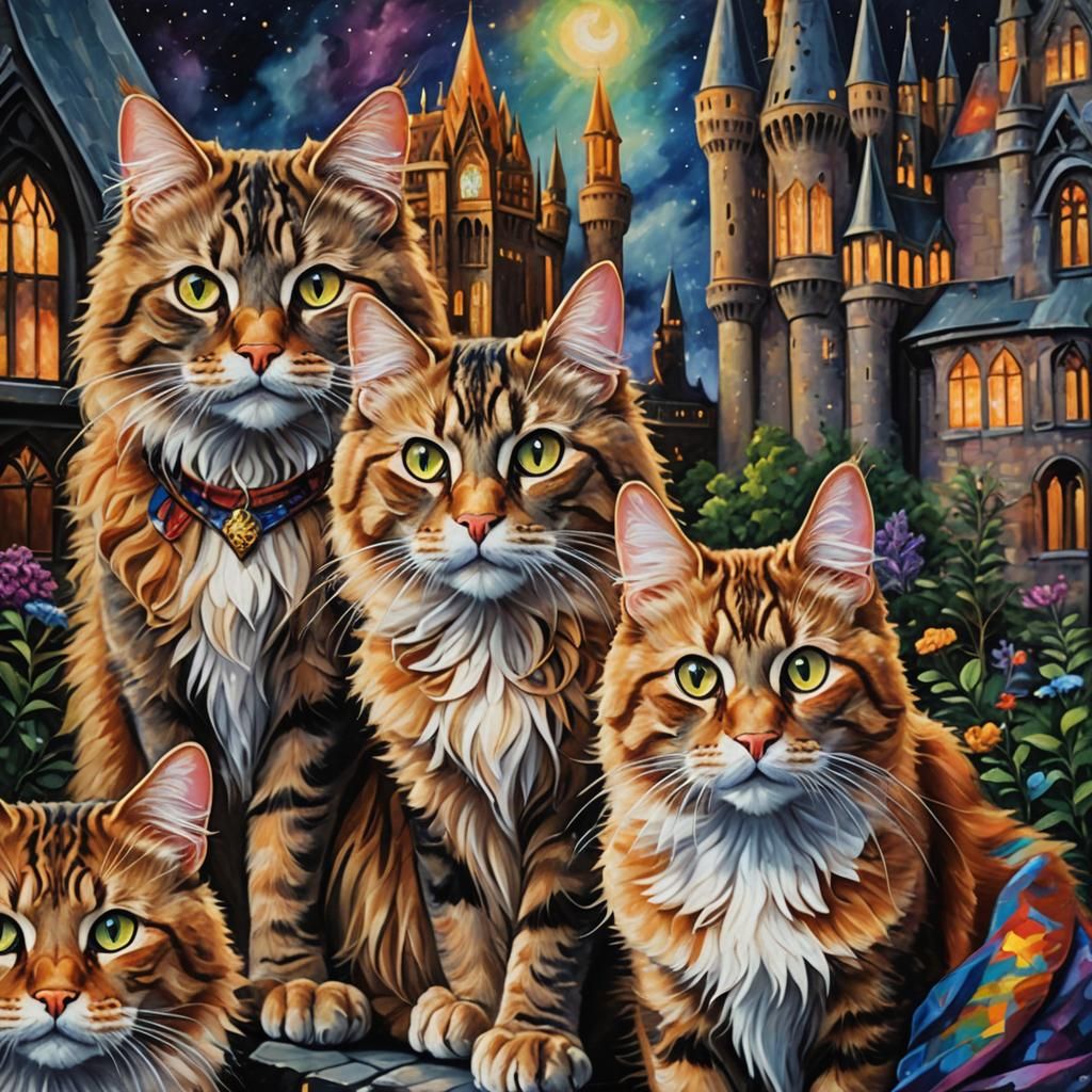 Harry Potter Cats: A Whimsical Oil Painting