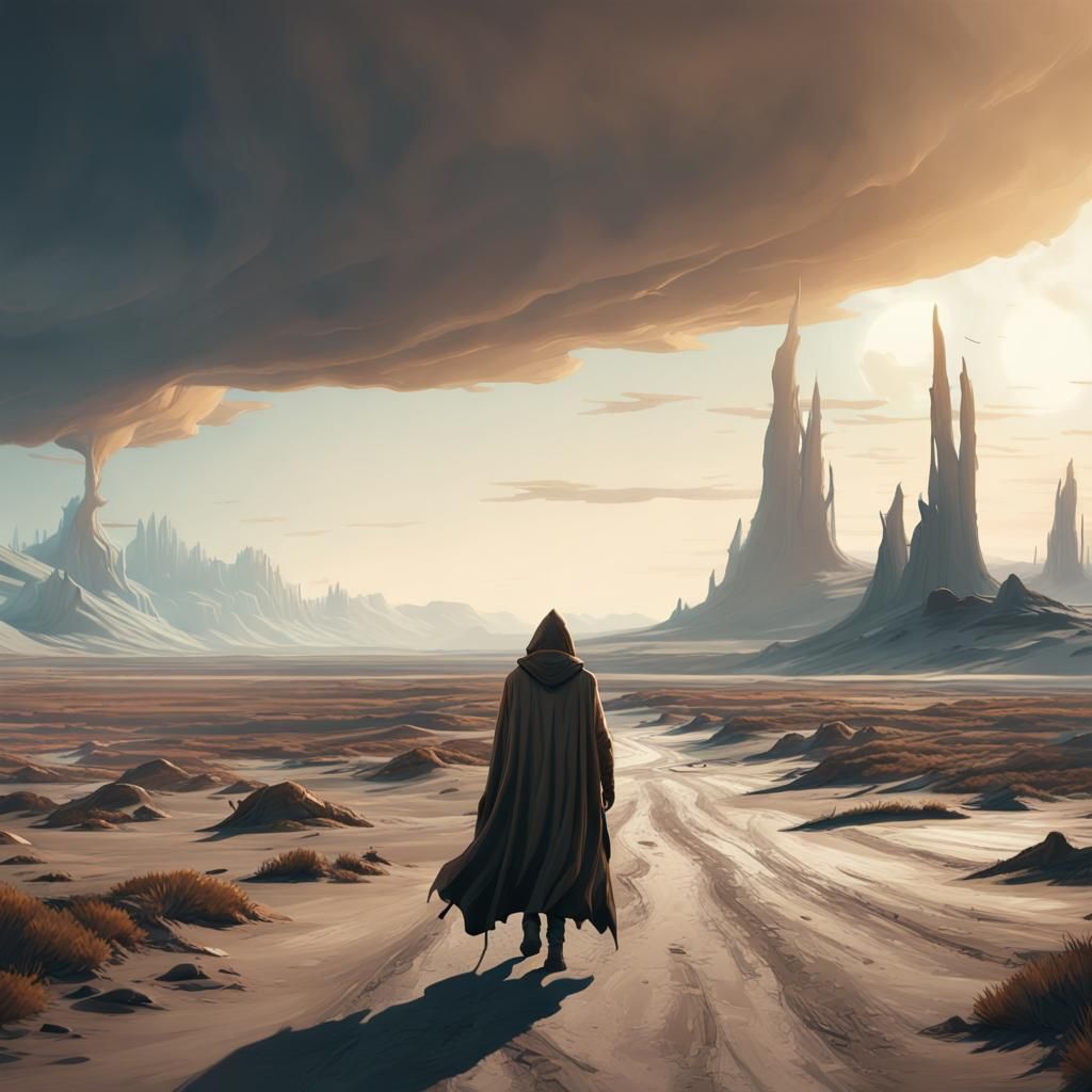 Hooded Figure in Barren Wasteland Digital Painting