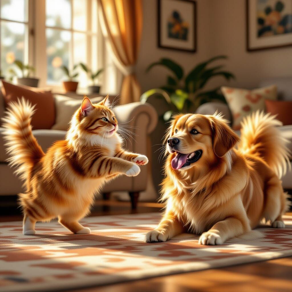 Orange Cat Pounces on Bewildered Golden Retriever