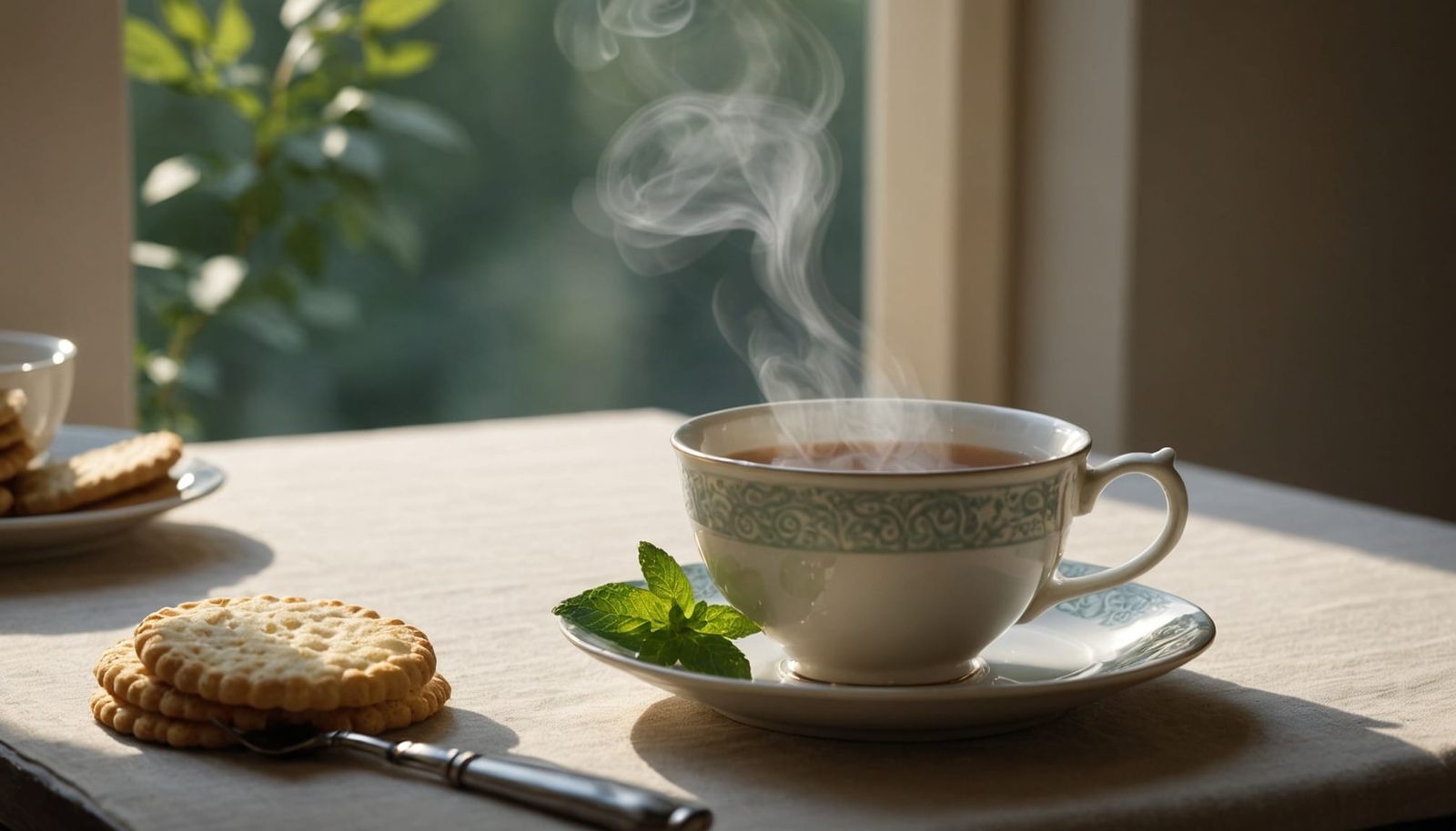 Ethereal Steaming Tea Moment in Morning Light