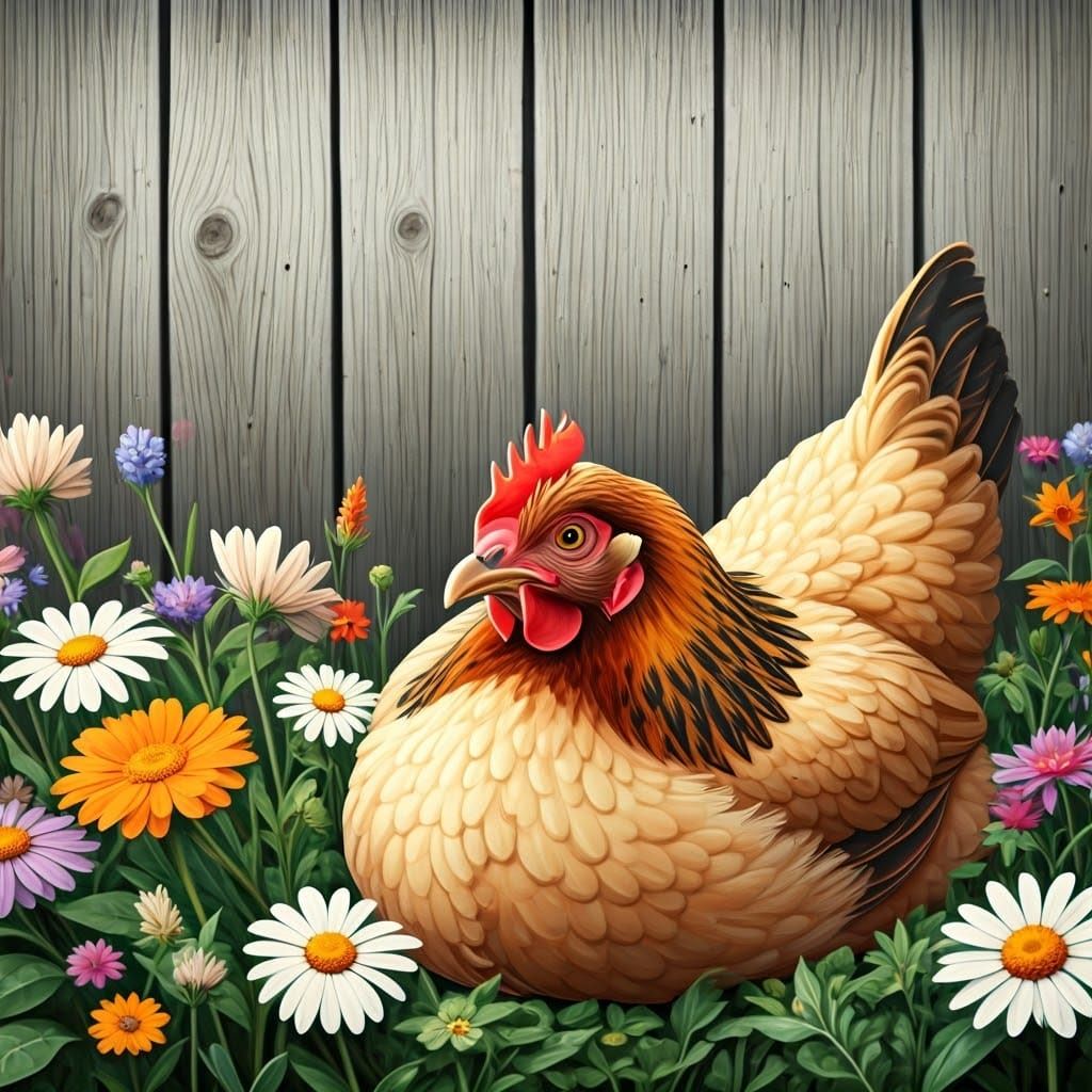 Whimsical Watercolor Hen in a Wildflower Meadow