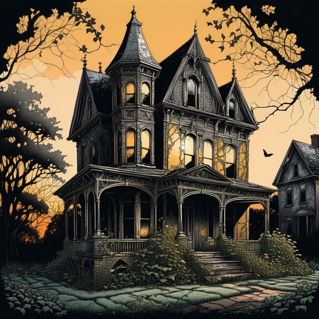 Eerie Abandoned House Illustration in Gothic Etching Style
