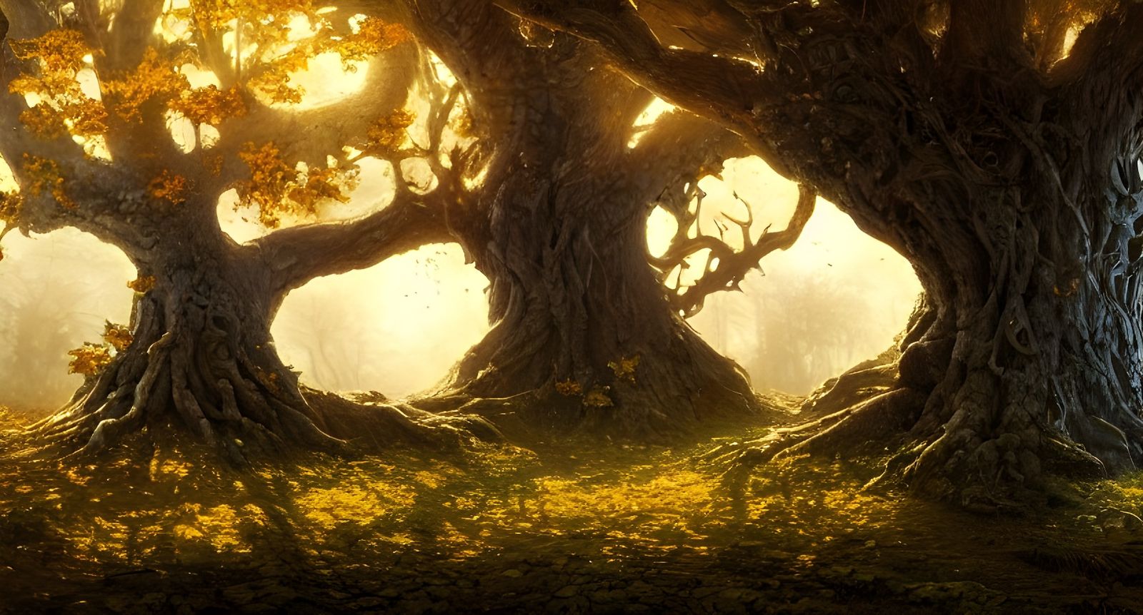 Ethereal Golden Oak Tree Digital Painting