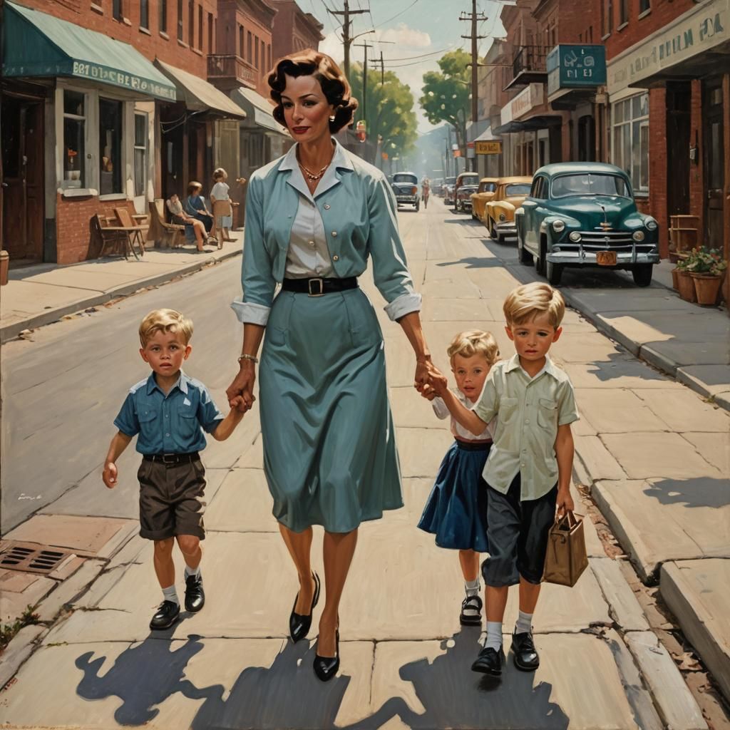 Mother and Children Walk in 1950s Style
