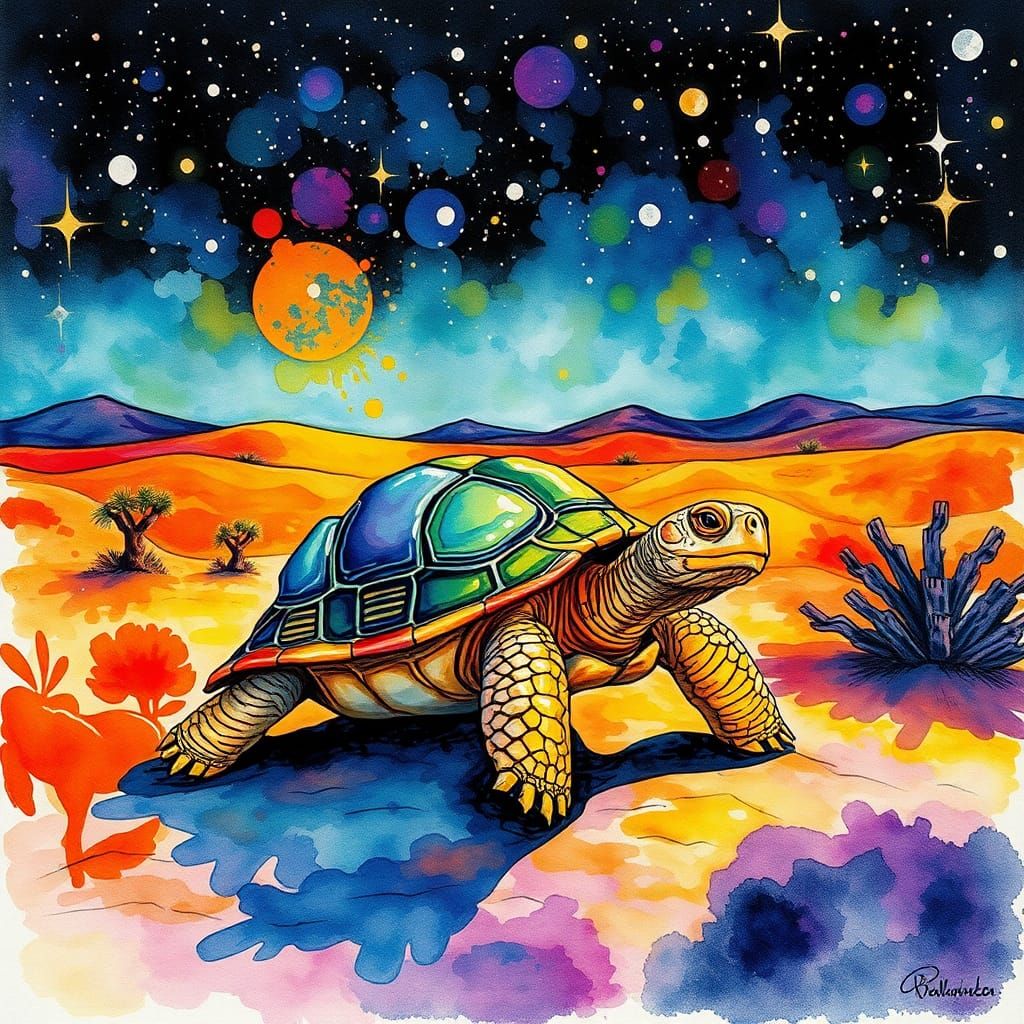 Desert Tortoise in Starry Desert, Watercolor Ink Splatter