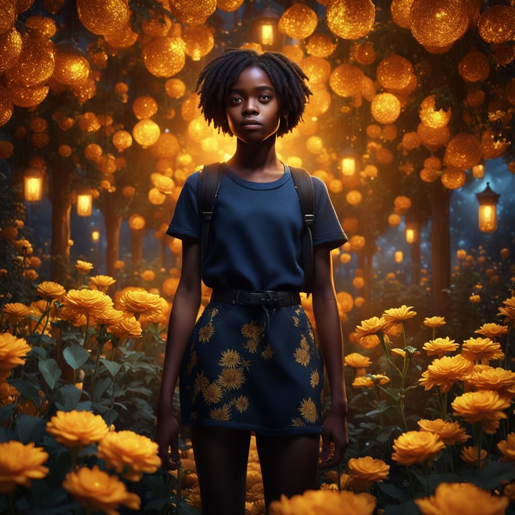 Black Teenage Girl in Golden Flower Garden