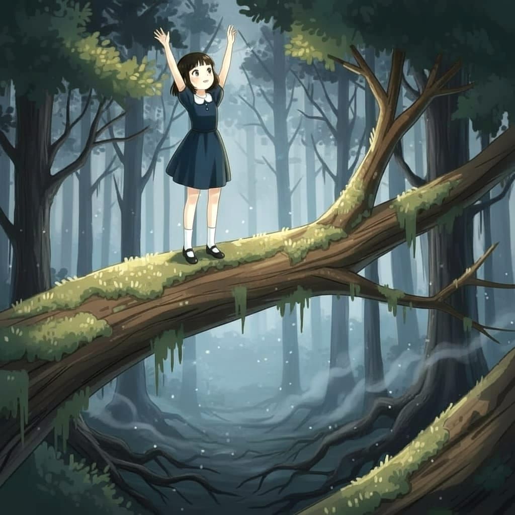 Anime Watercolor Girl Reaching Skyward in Pine Forest