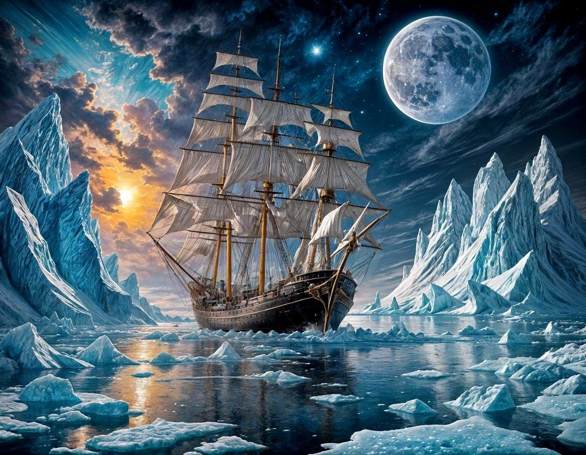 Cosmic Seascape: Schooner and Iceberg in Graffiti Art