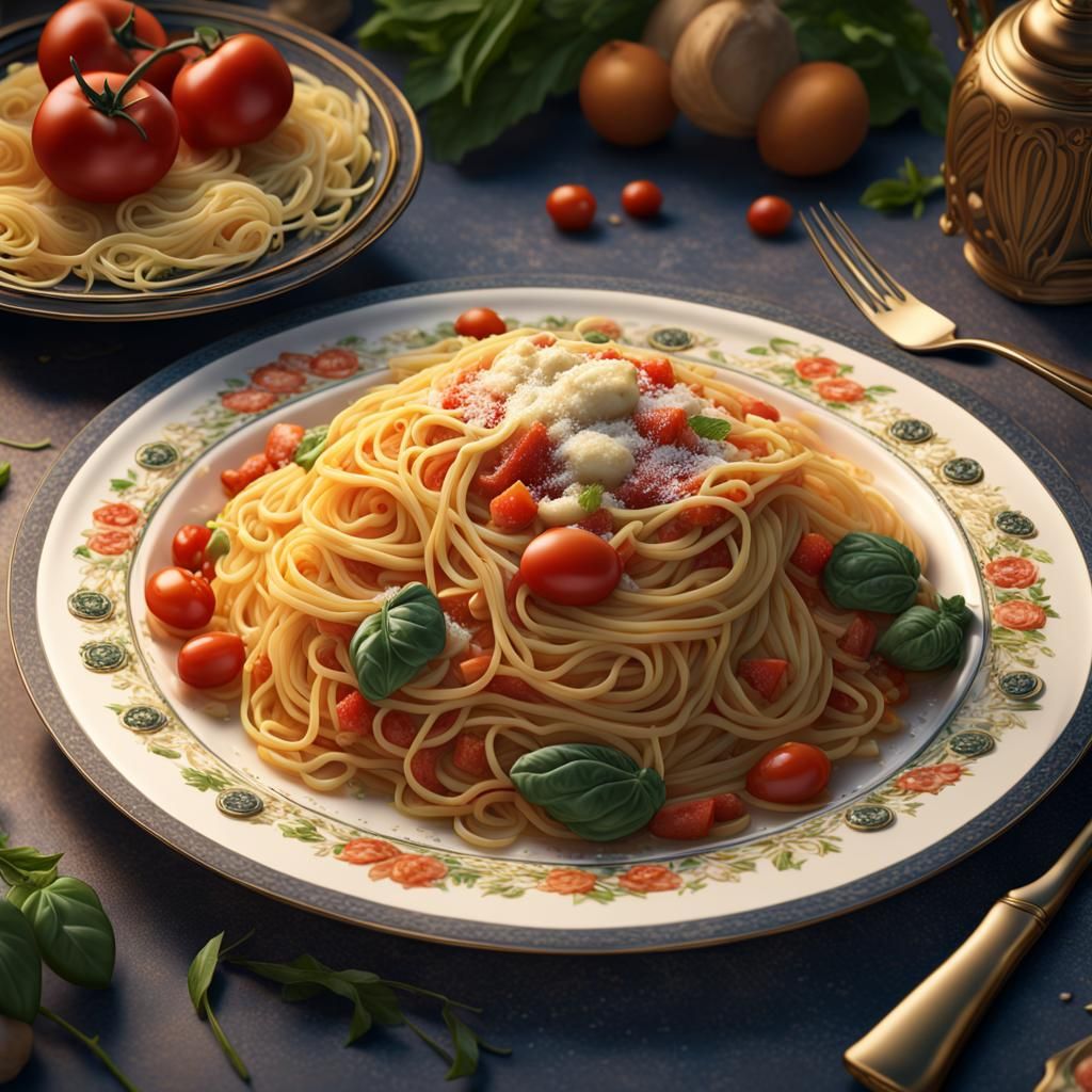 Spaghetti with Vegetables in Detailed Digital Painting