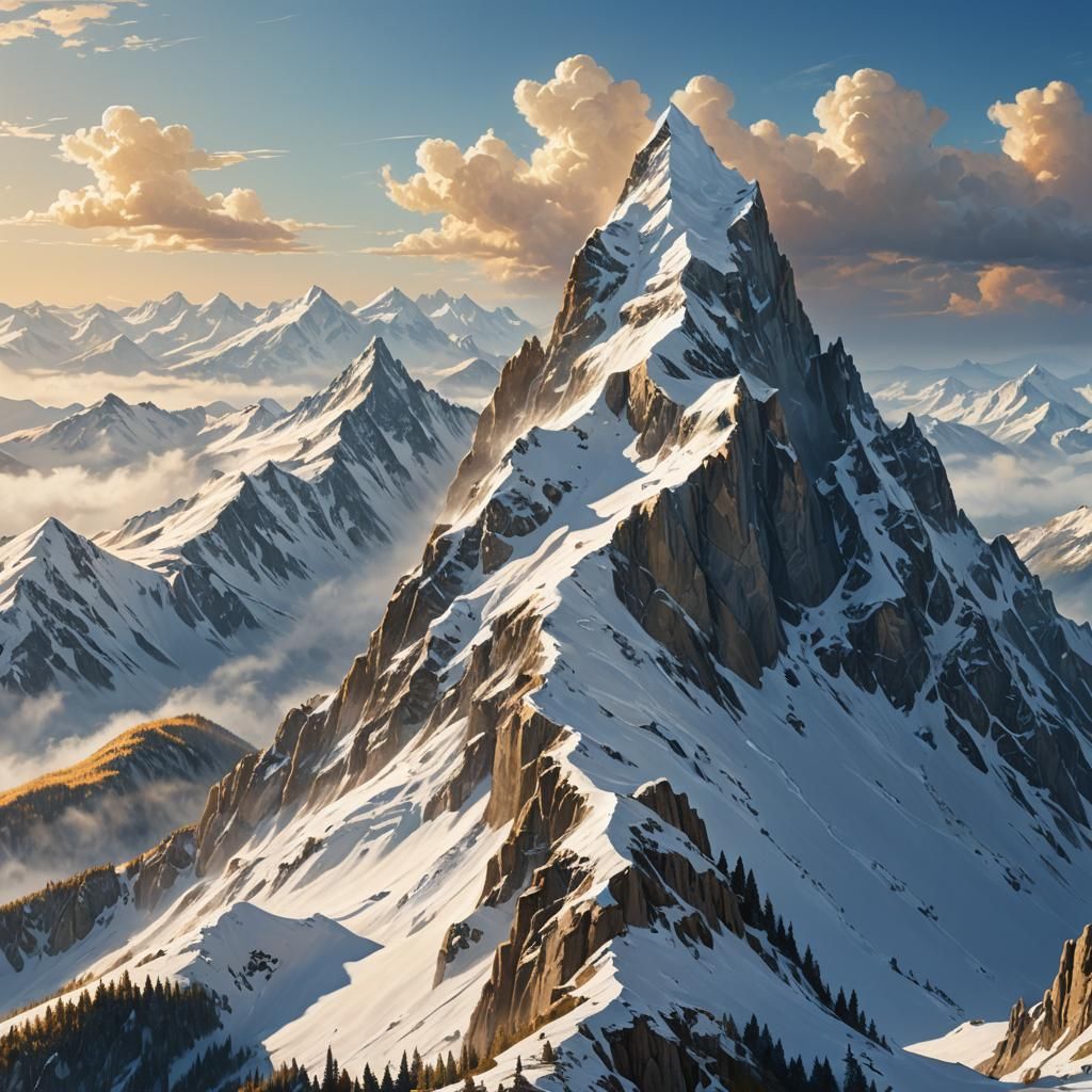 Snowy Mountain Peak with Golden Light